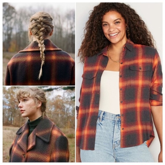 Old Navy Boyfriend Swiftie Evermore Orange Black Plaid Flannel Button Down Shirt - Picture 1 of 13